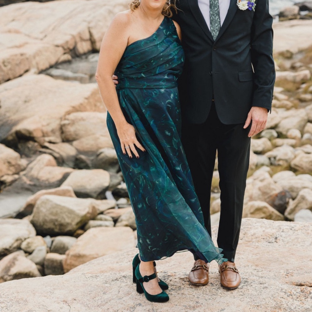 Rene Ruiz Navy and Dark Green One Shoulder Dress